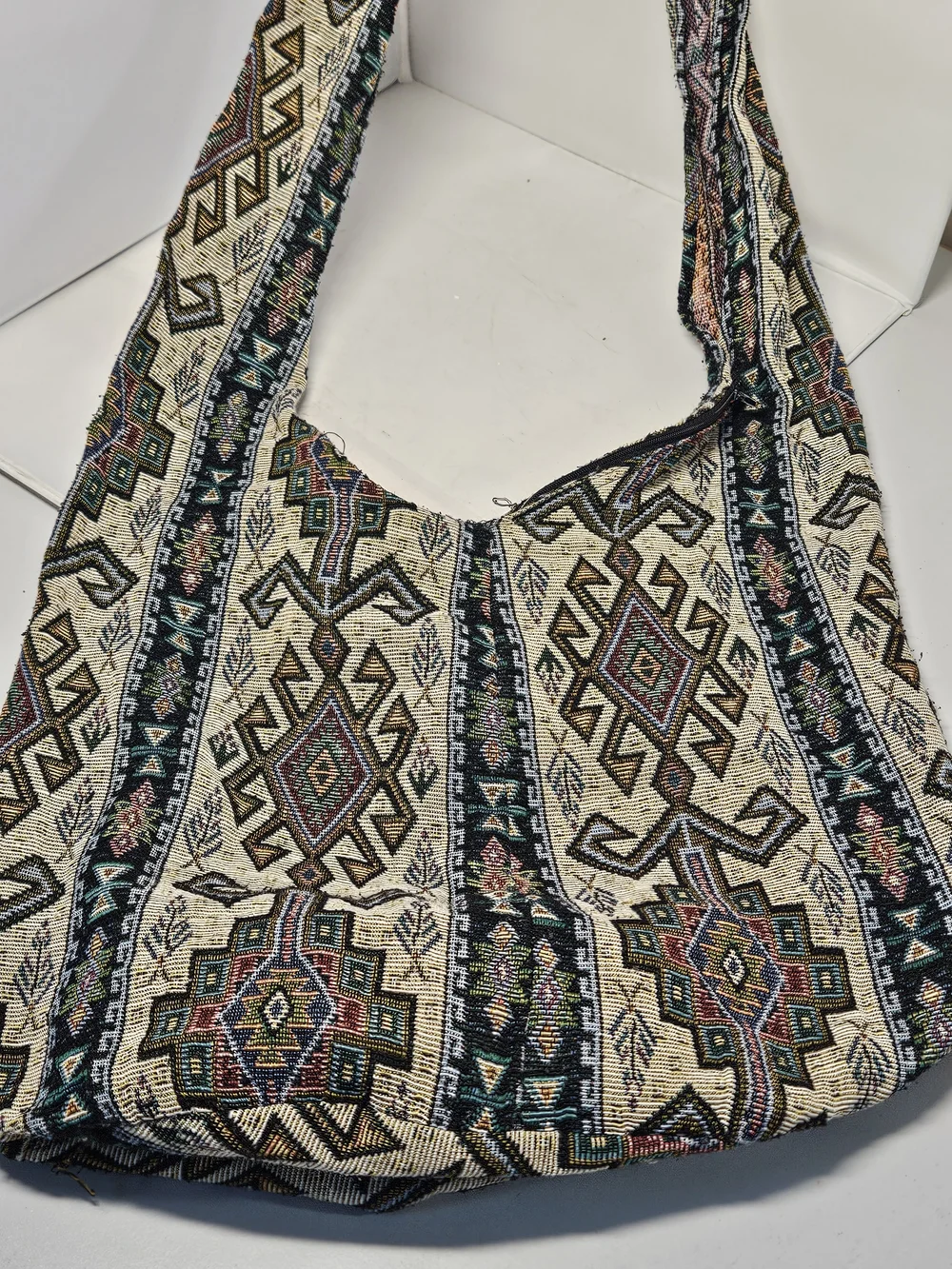 Boho Woven Tapestry Hobo Bag in Cream with Multicolor Aztec Pattern